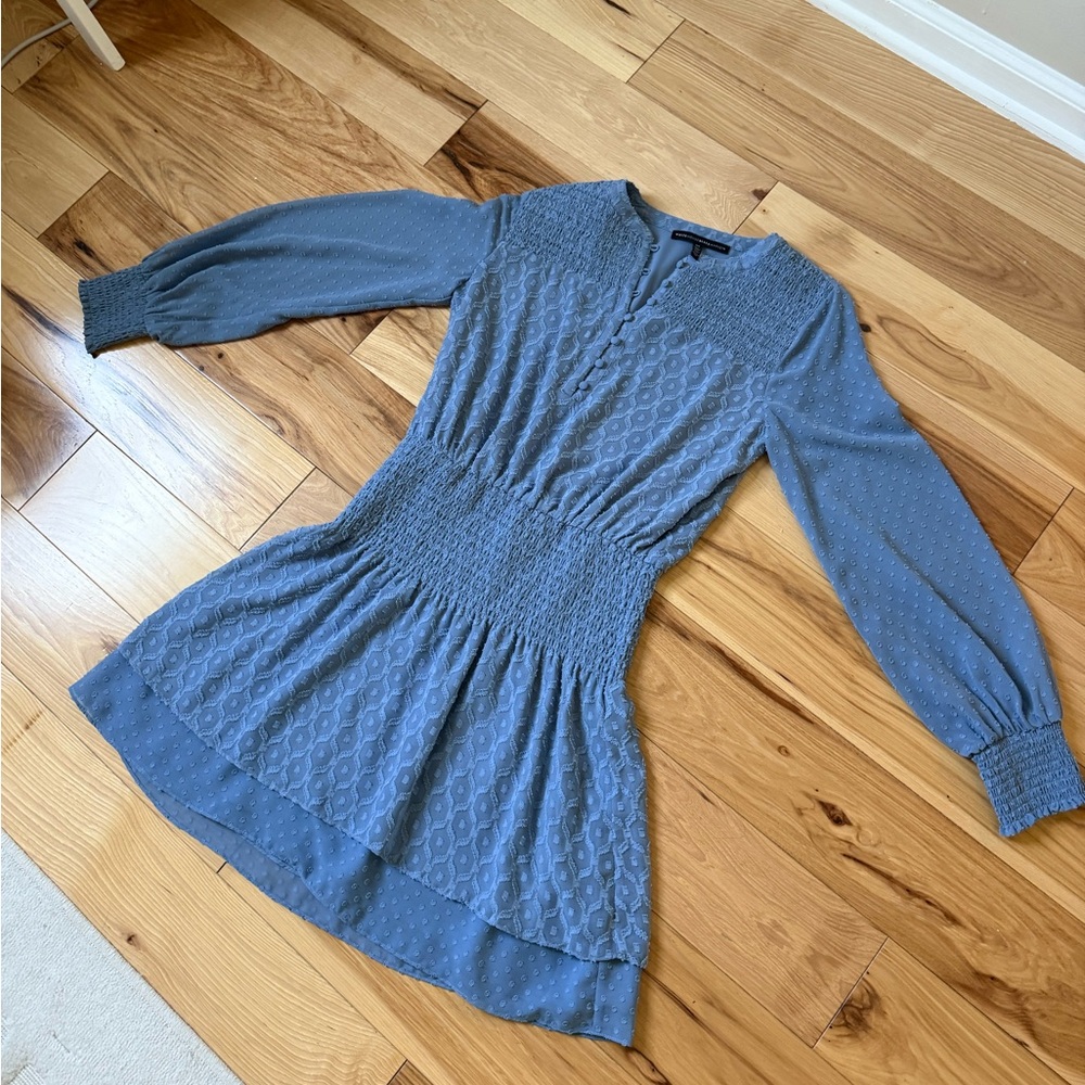 White House Black Market Blue Smocked Long Sleeve Dress